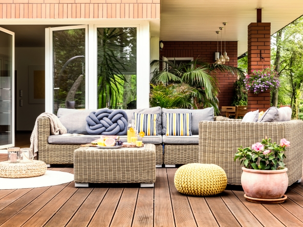 Beige garden furniture on terrace